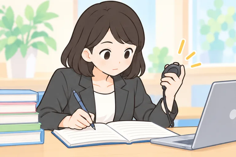 ストップウォッチで時間を計って練習する女性会社員のイラスト