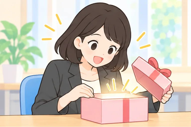 リボンのついたプレゼントの箱を開けて、うれしそうに喜ぶ女性会社員のイラスト