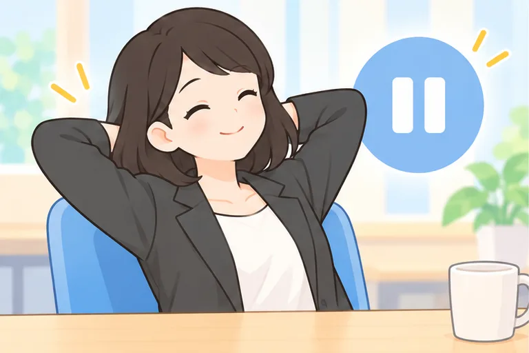 一時停止のマークの前でひと休みする女性のイラスト