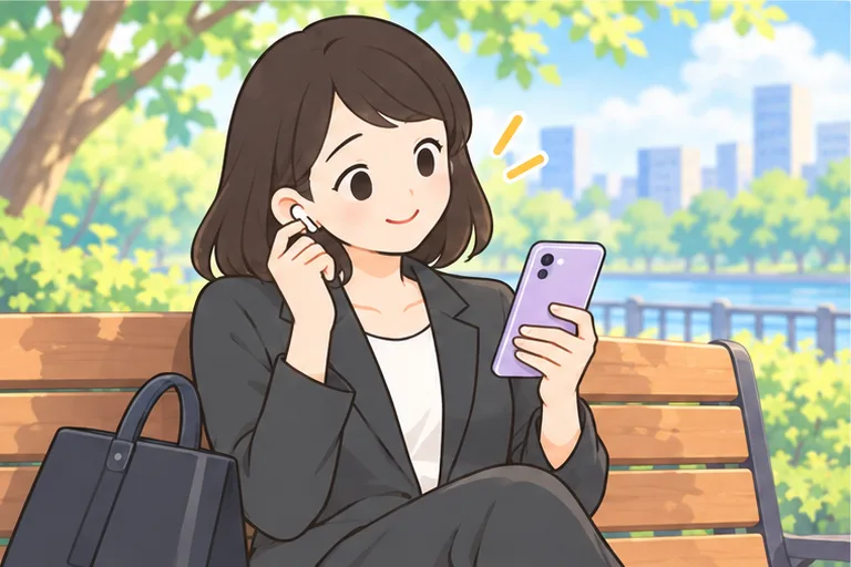 公園のベンチでイヤホンで英語を聞く女性のイラスト