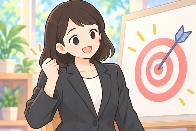 真ん中に矢が当たった的の前で、目標を立てている女性会社員のイラスト