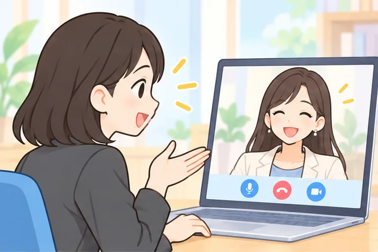 画面越しに日本人講師と話す女性会社員のイラスト