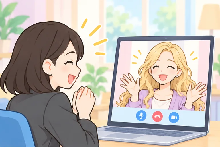 画面の講師と一緒に笑い合う女性のイラスト