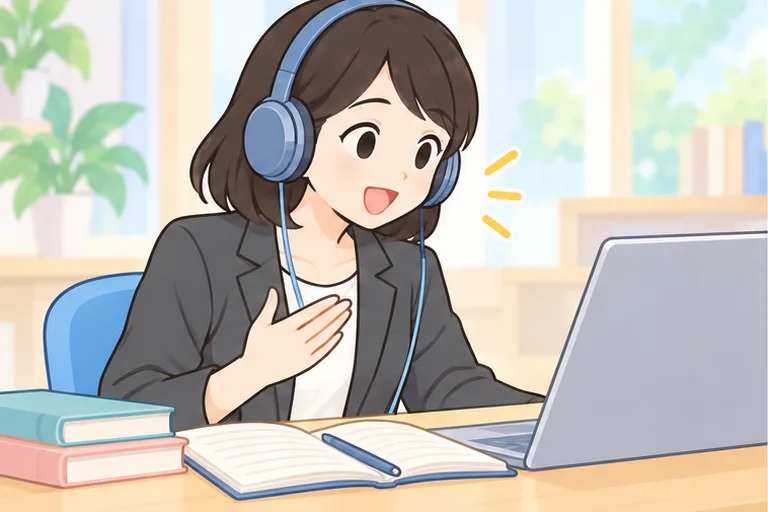 ヘッドホンをつけてパソコンに向かって英語を声に出す女性会社員のイラスト