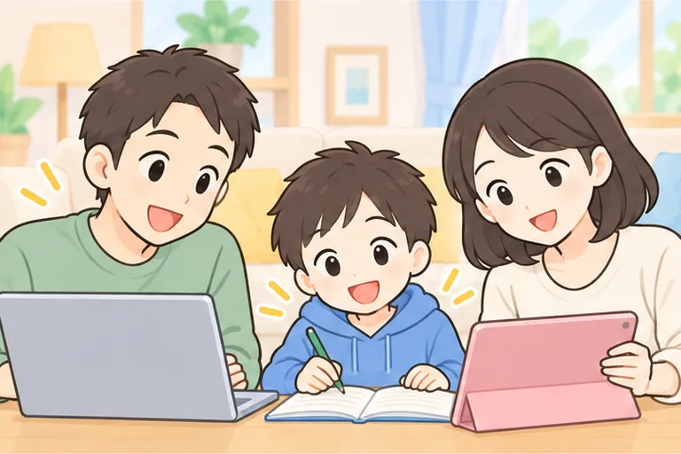 リビングで家族それぞれが、自分のペースで英語を学ぶ様子のイラスト