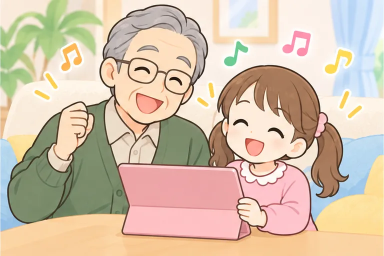 祖父と孫がタブレットを見ながら、一緒に英語の歌を歌うイラスト