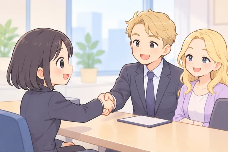 面接の場で、相手としっかり握手を交わしている女性会社員のイラスト