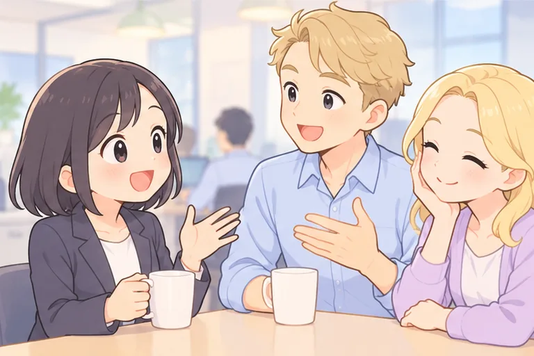 オフィスで外国人の同僚と、笑顔で気軽に雑談している女性会社員のイラスト