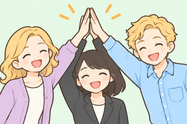 女性と講師2人の3人が、笑顔でハイタッチをして喜んでいる様子のイラスト