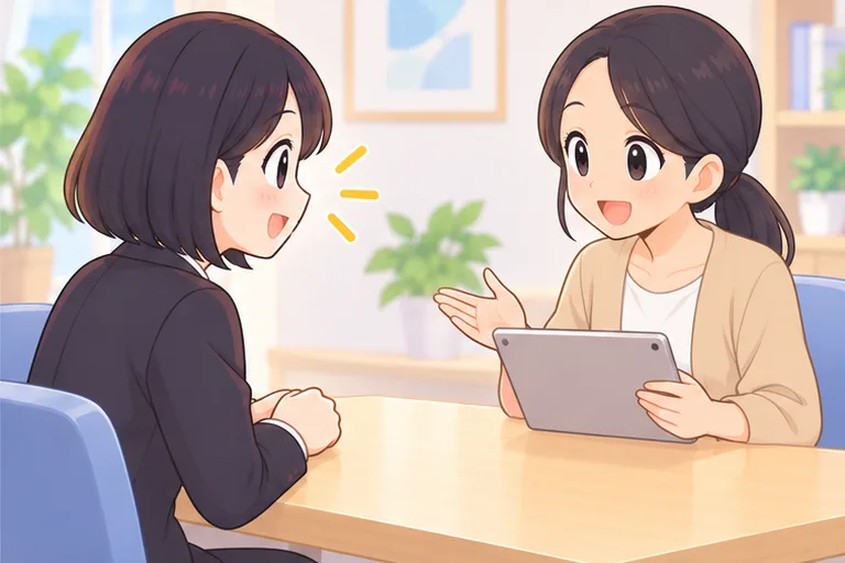 日本人のカウンセラーと向かい合って、相談をする女性のイラスト