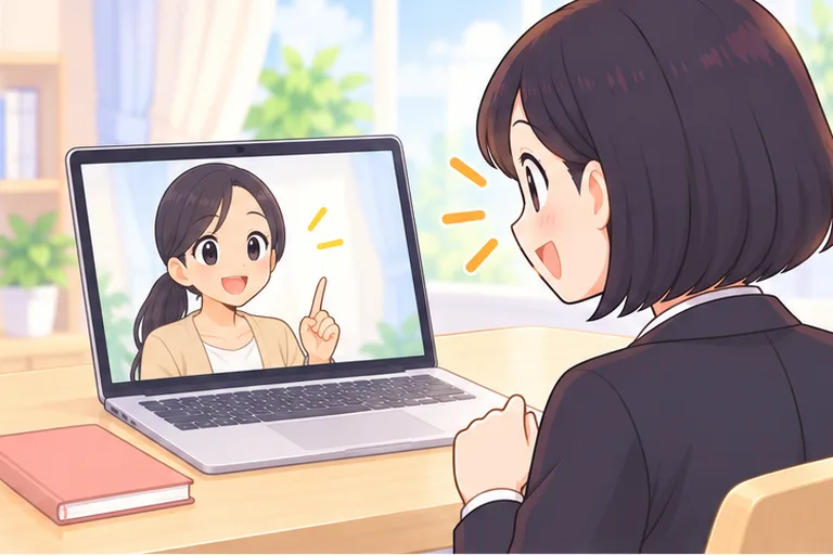 画面の日本人の女性講師の説明を、ほっとした表情で聞く女性のイラスト