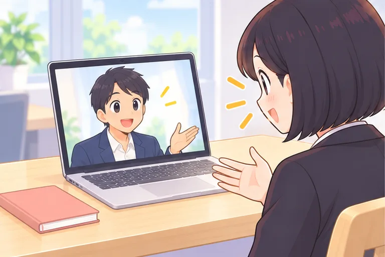 画面の日本人の男性講師に質問する女性のイラスト