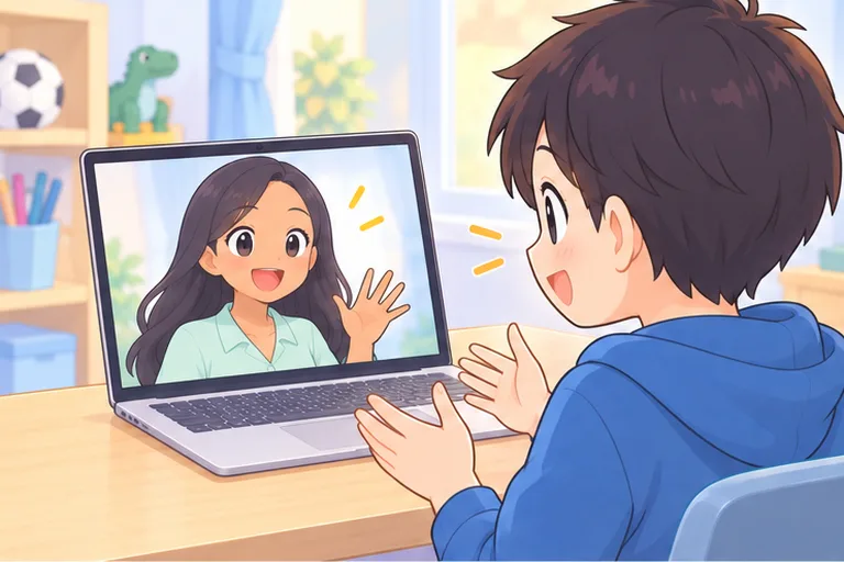 画面のフィリピン人の女性講師に、手をふって話しかける男の子のイラスト
