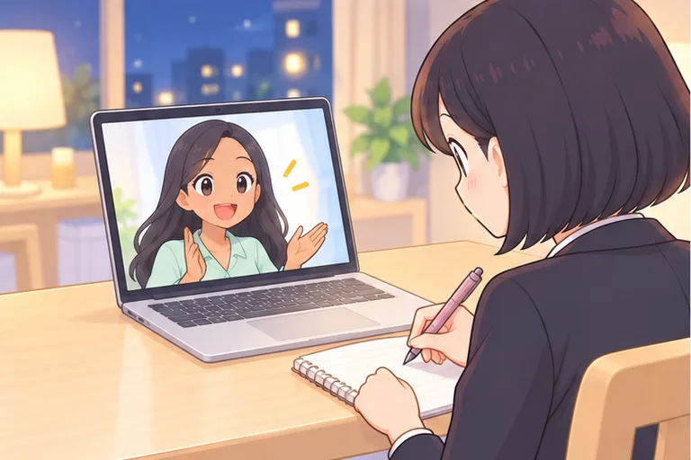 夜、画面のフィリピン人講師の話を聞きながらノートにメモを取る女性のイラスト