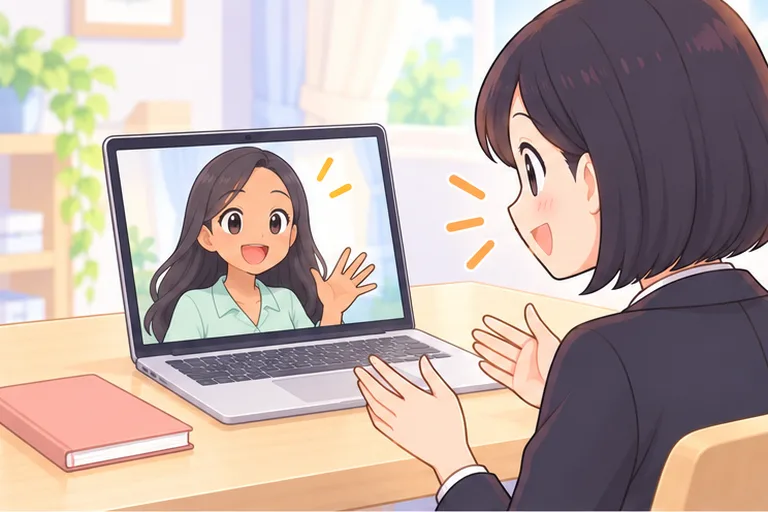 画面のフィリピン人講師と笑顔で話す女性のイラスト