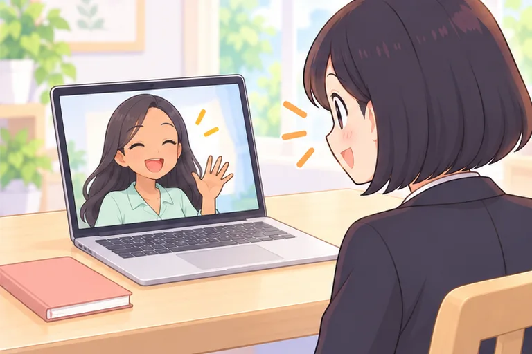 朝、画面のフィリピン人の女性講師とレッスンのあいさつをする女性のイラスト