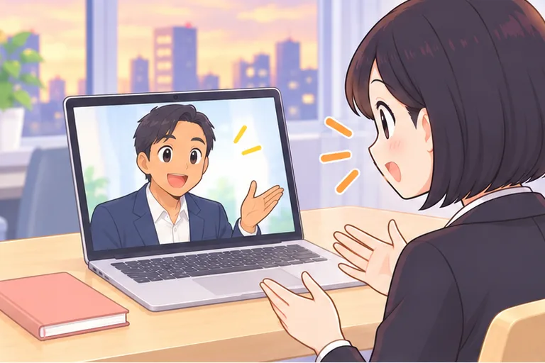 スーツ姿のフィリピン人トレーナーと、ノートパソコンの画面越しに話す女性会社員のイラスト