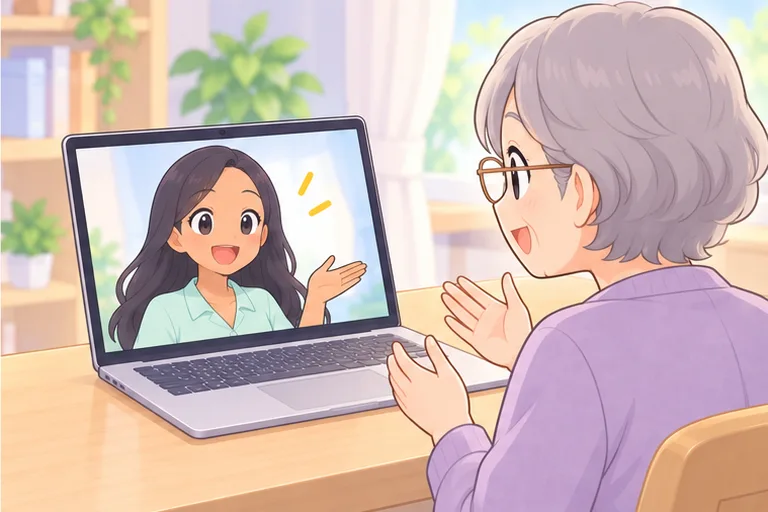 画面のフィリピン人講師とほほえんで話すシニアの女性のイラスト