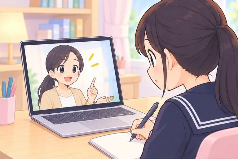 画面の日本人の先生の話を聞きながら、ノートに書き込む女の子のイラスト