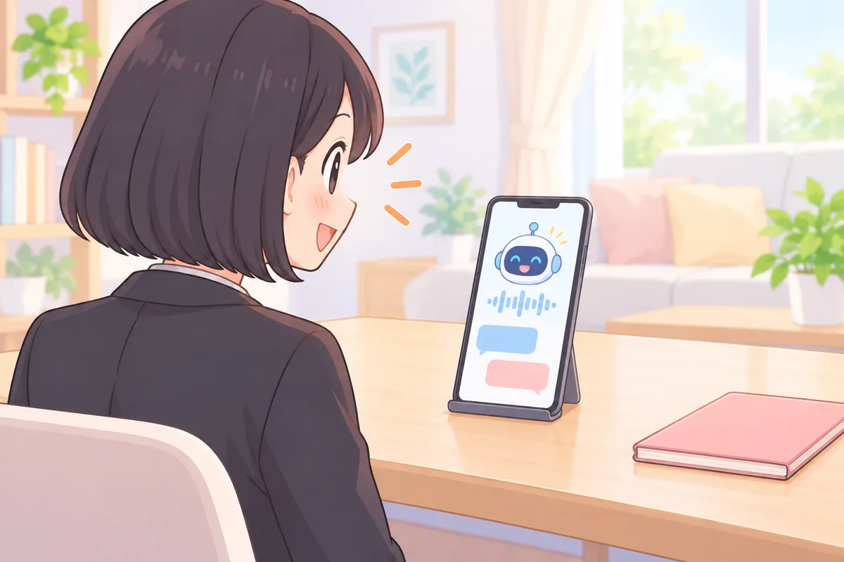 スマホのAI英会話アプリと声で英語を話す、スーツの女性のイラスト