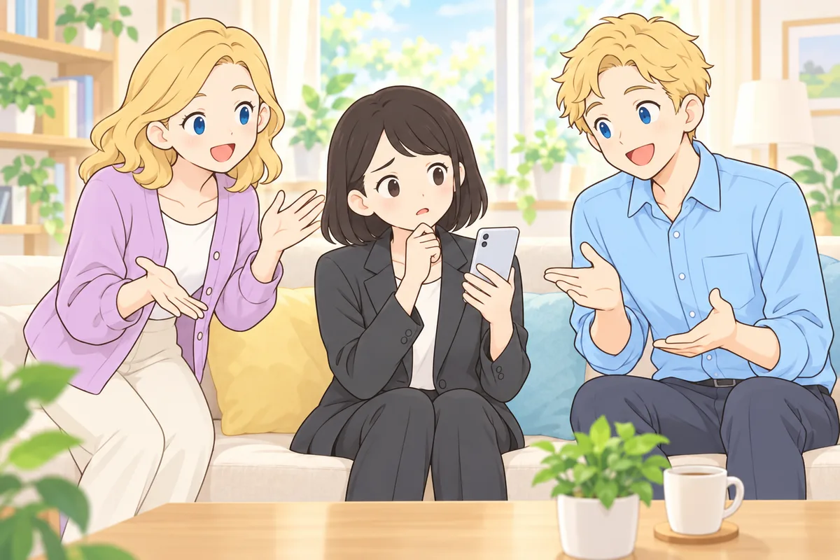 スマホを手に迷う女性に、両隣に座った講師2人が笑顔で話しかけている様子のイラスト