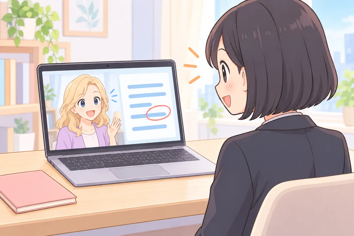 書いた英文を画面の講師に見てもらいながら話す女性のイラスト
