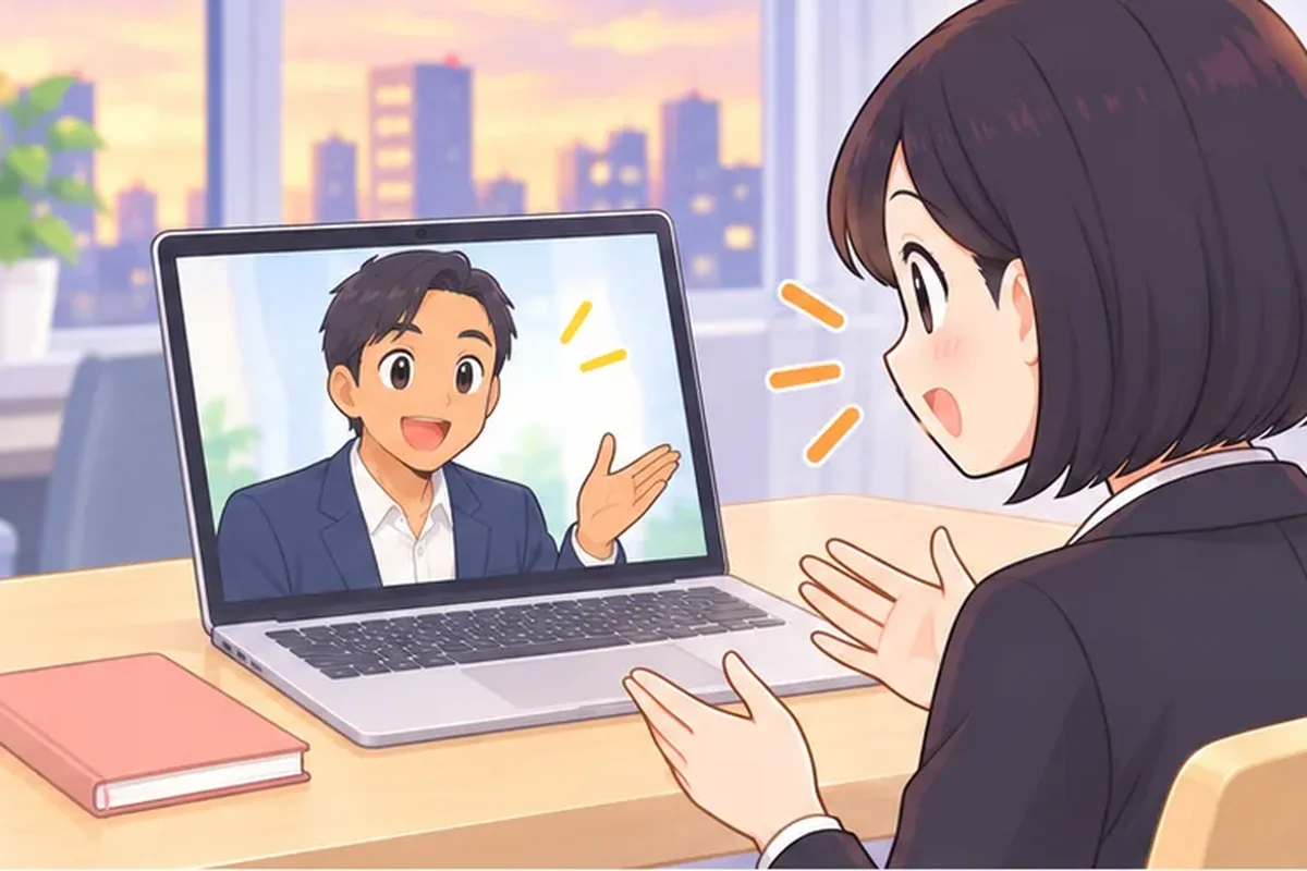 スーツ姿のフィリピン人トレーナーと、ノートパソコンの画面越しに話す女性会社員のイラスト