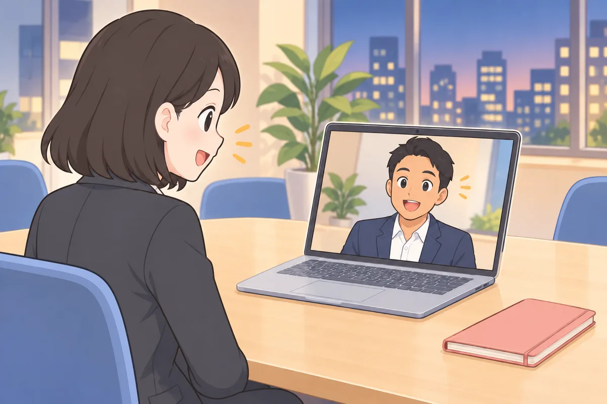 夕方のオフィスで、画面のスーツ姿のフィリピン人トレーナーに自信を持って話す女性会社員のイラスト