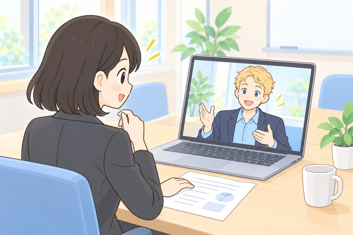 仕事の会議を想定して、オンラインでビジネス英語の練習をする女性のイラスト