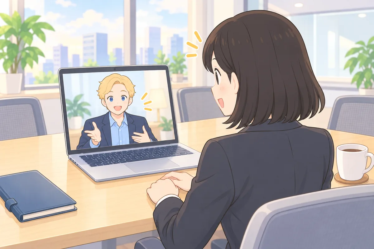 会議室で、画面の講師を相手にビジネス英語の練習をする女性のイラスト