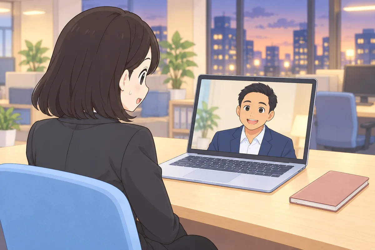 夕方のオフィスで、画面の日本人の男性講師とビジネス英語を練習する女性会社員のイラスト