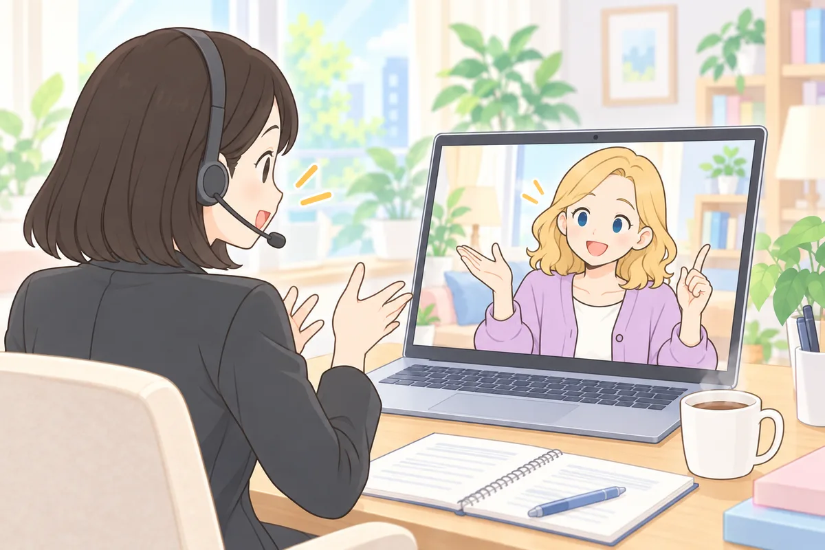 ヘッドセットをつけて、画面の女性講師と楽しそうに話す女性会社員のイラスト