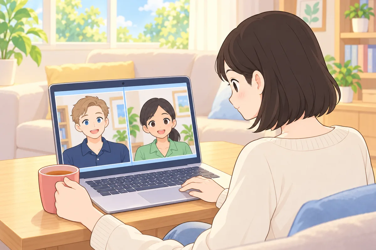 昼の明るいリビングで、ソファに座った女性がノートパソコンの画面に並んだネイティブの男性講師とフィリピン人の女性講師を見比べているイラスト