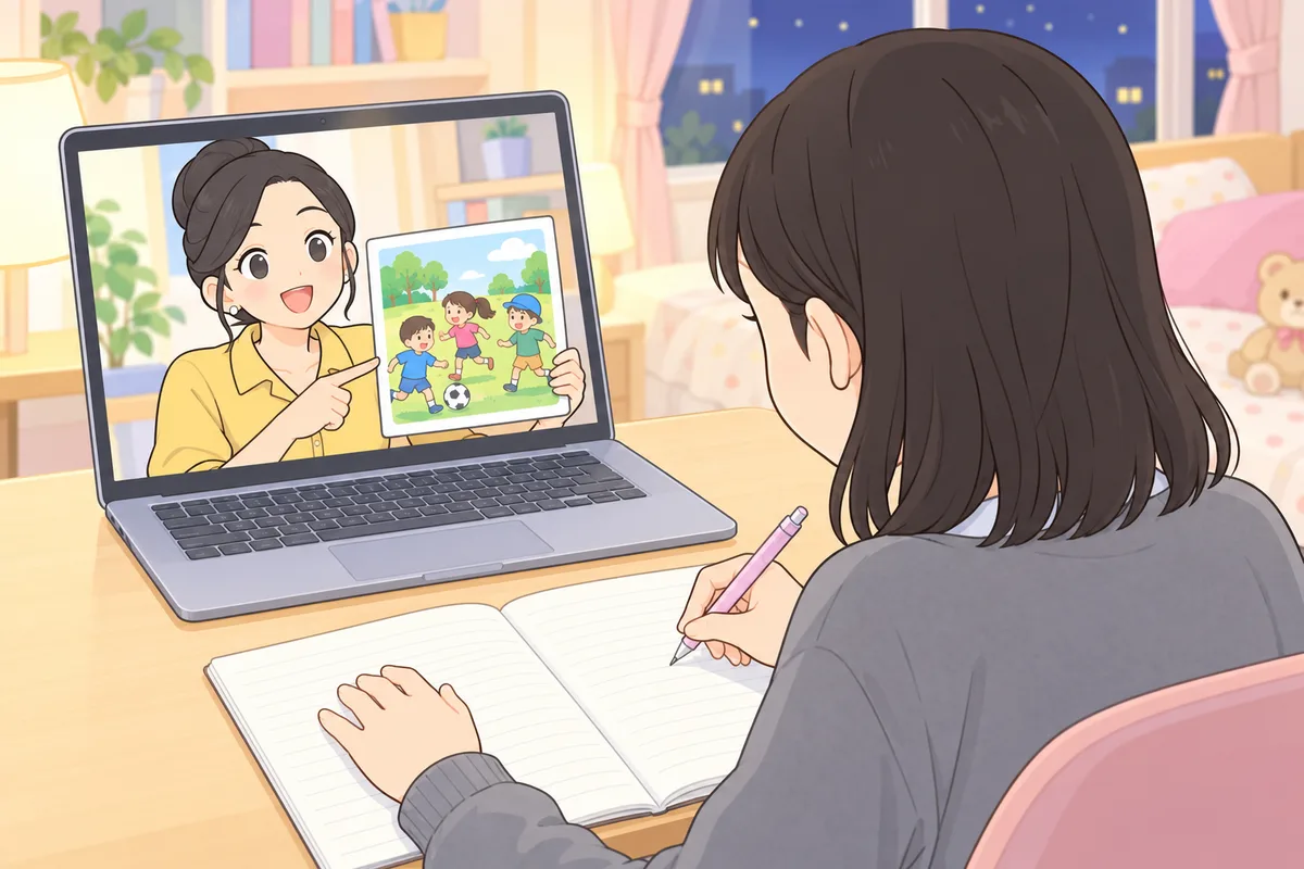 夜の子ども部屋で、ノートパソコンの画面のフィリピン人講師と英検の面接練習をしながらメモを取る中学生の女の子のイラスト