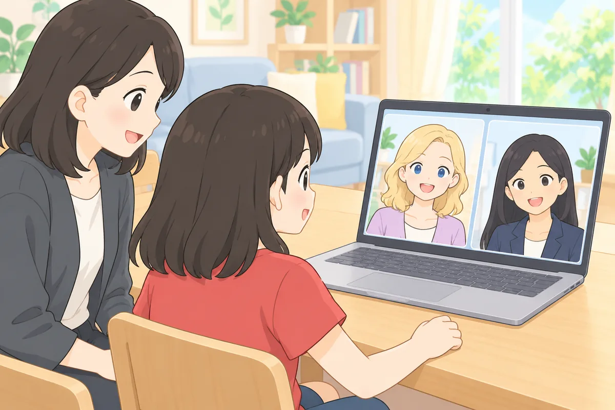 リビングのテーブルで、ノートパソコンの画面に映る2つの子ども向けオンライン英会話の案内を見比べながら、タブレットで料金表を確認する母親と小学生の男の子のイラスト