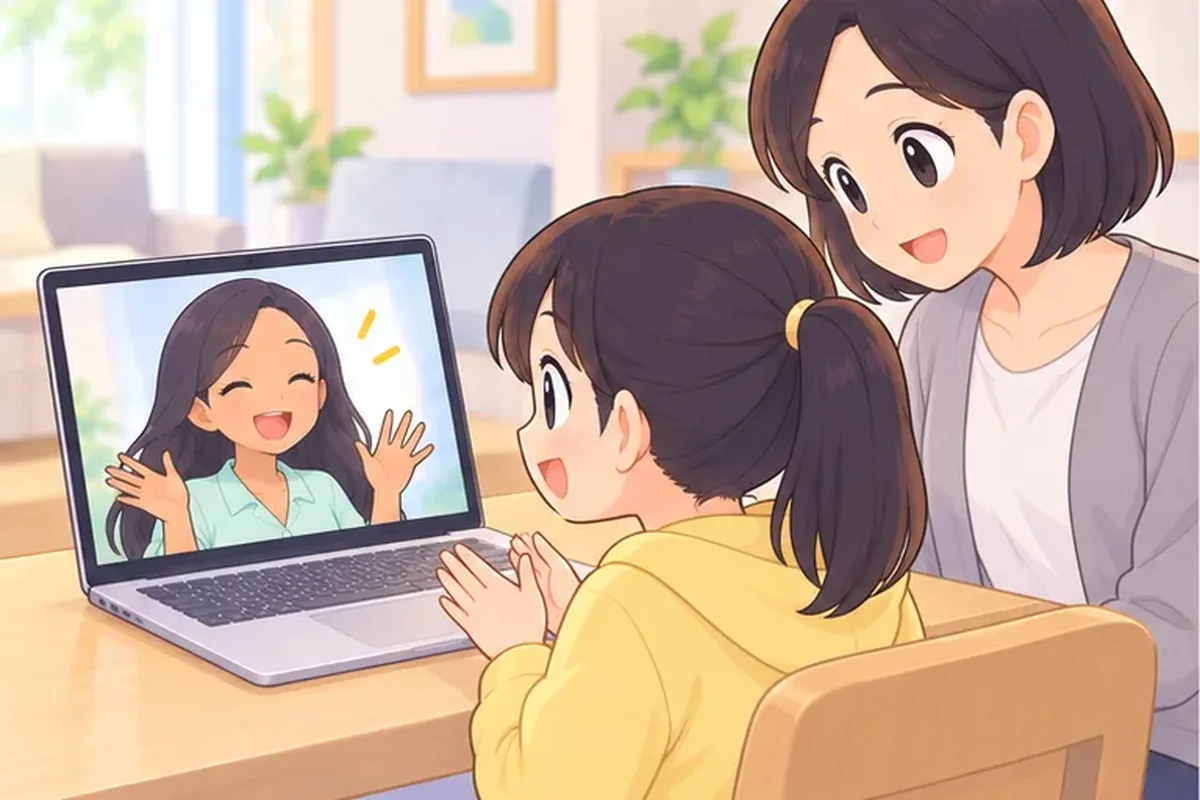 画面の女性講師に手をふられ、母親の隣で喜ぶ女の子のイラスト