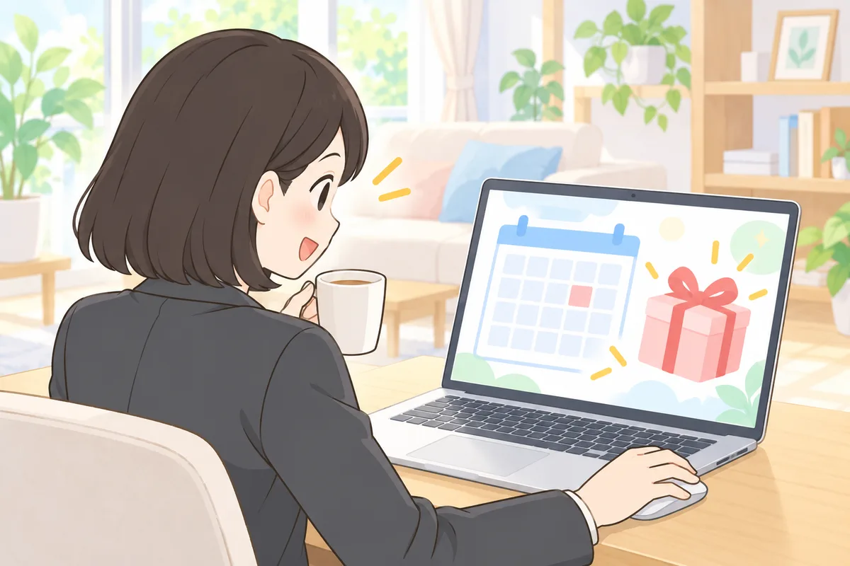 リビングのテーブルでノートパソコンの申込画面に表示された割引後の金額を確認し、カレンダーの10月31日に印を付ける女性のイラスト