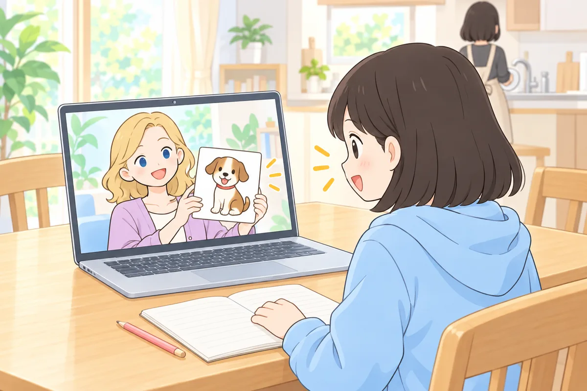 明るいダイニングで、水色のパーカーの女の子が1人でノートパソコンの画面の講師と話しているイラスト。画面の講師は犬の絵カードを持ち、奥のキッチンでは母親が食器を洗っている