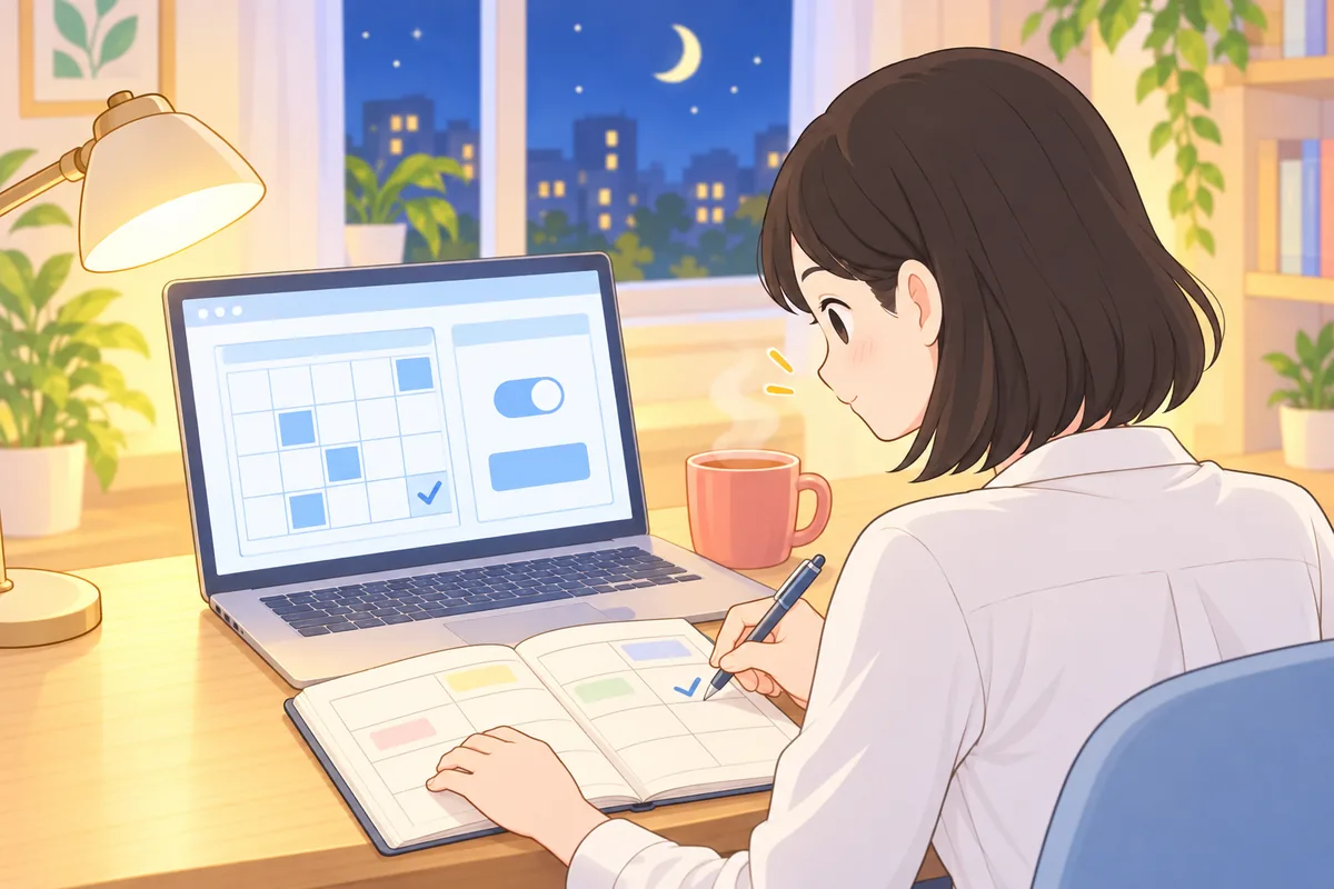 夜の書斎で、ノートパソコンの手続き画面を見ながら手帳のチェックリストに印をつける女性のイラスト
