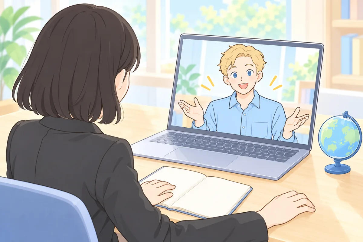 明るい書斎で、小さな地球儀を置いた机のノートパソコンの画面の中の男性ネイティブ講師と話す会社員の女性のイラスト
