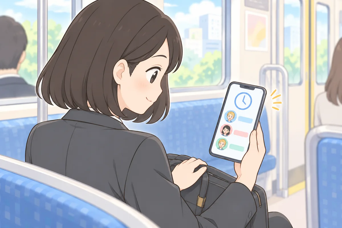 通勤電車の座席でスマホを縦に持ち、講師の顔のアイコンが並んだレッスンの予約画面を見る会社員の女性のイラスト