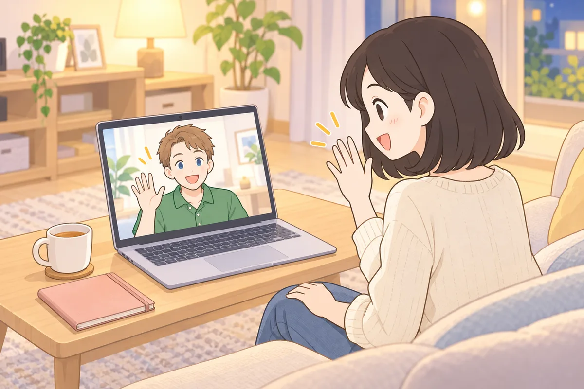 夜のリビングで、ノートパソコンの画面の外国人講師に笑顔で手を振ってあいさつする女性のイラスト