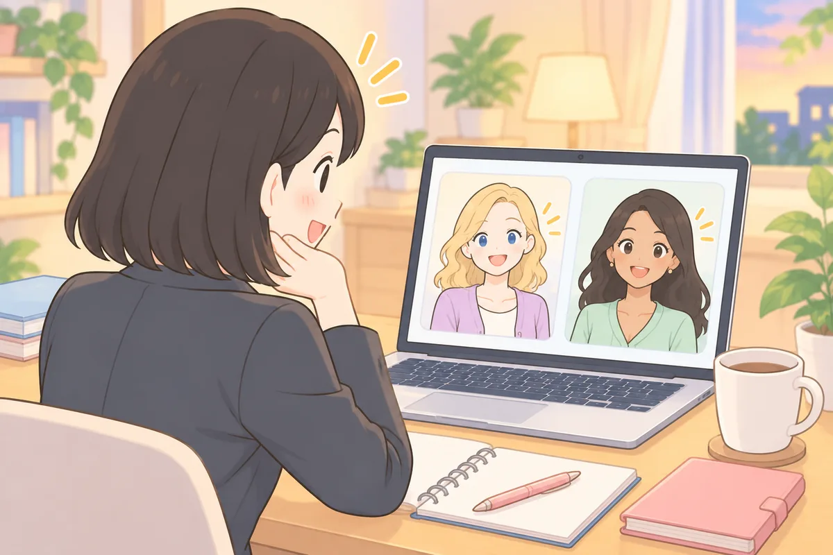 2人の講師を見比べて、どちらのサービスにするか考える女性のイラスト