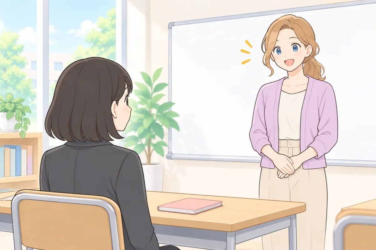 通学型の英会話教室で、講師の話を聞く女性のイラスト