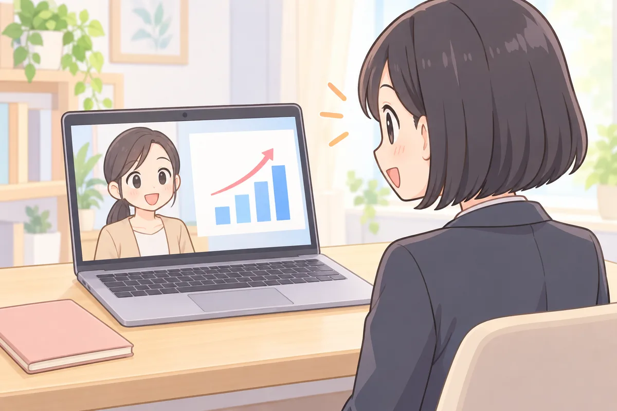 画面の日本人コーチと学習の進み具合を確かめる女性のイラスト