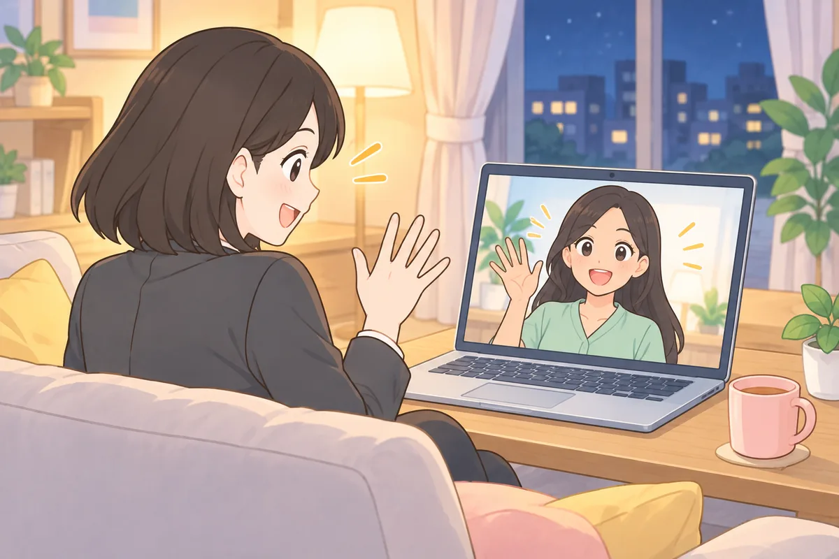 夜のリビングで、画面の女性講師とくつろいで手を振り合う女性のイラスト
