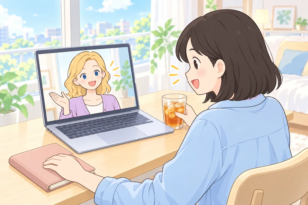 休日の昼、窓ぎわの机でノートパソコンの画面の金髪のネイティブ講師と話す女性のイラスト