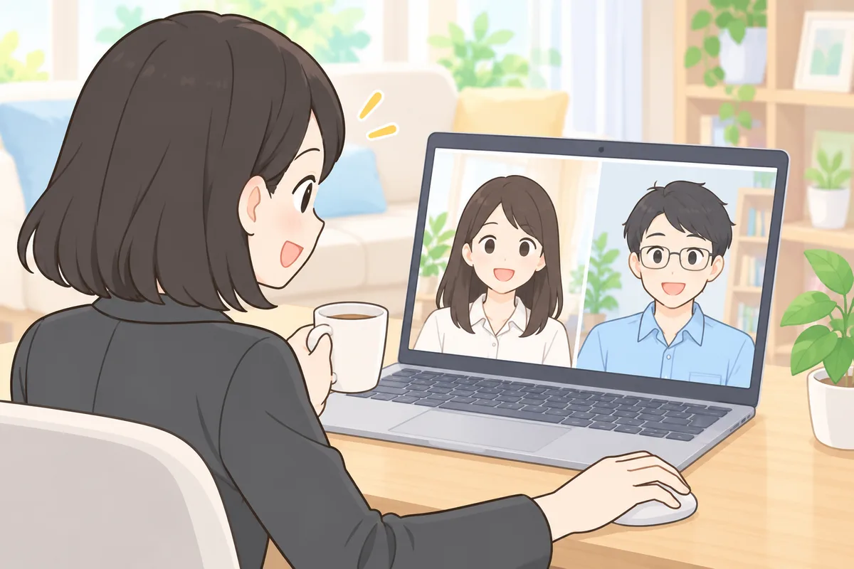 夜のリビングで、ノートパソコンの画面に並ぶ日本人の女性講師と金髪のネイティブ講師を見比べる会社員の女性のイラスト