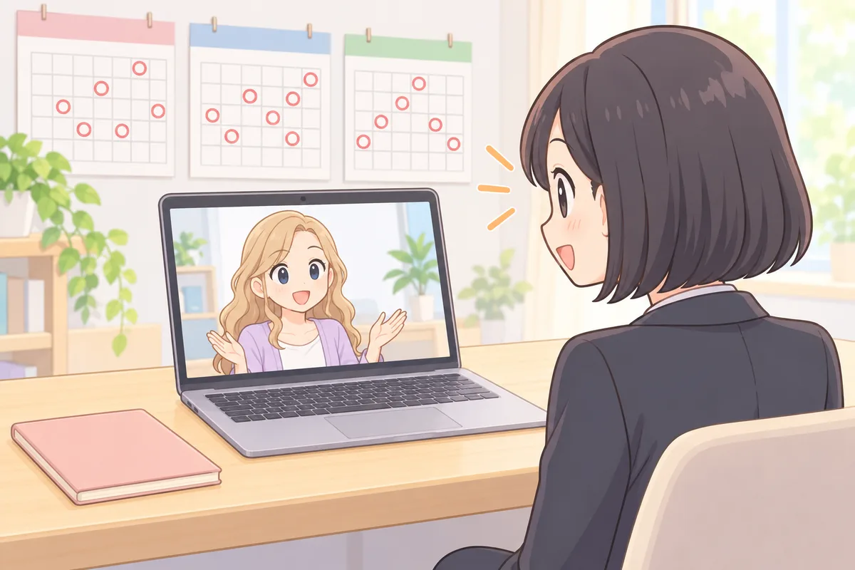 3か月分の丸じるしが並ぶカレンダーの前で、レッスンを続ける女性のイラスト