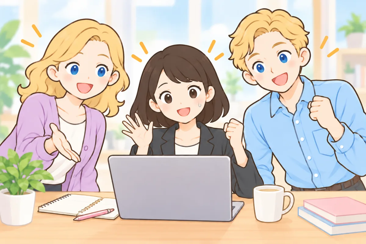 初めてのオンライン英会話に挑戦する女性と、笑顔で応援する講師2人のイラスト